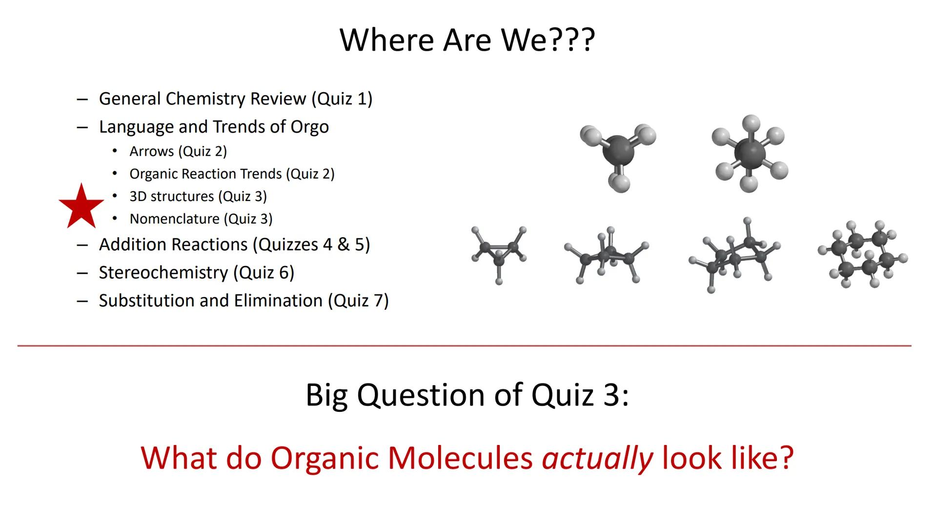 Quiz 3: Alkanes and Cycloalkanes:
Conformational and Geometric Isomers
Homework: Module 3 due 9/28 (thur)
LO Mastery Quiz: Quiz 3 available 