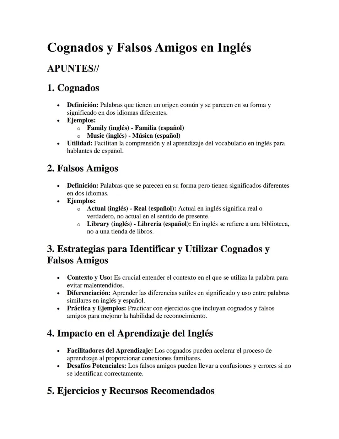 # Cognados y Falsos Amigos en Inglés

APUNTES//

1. Cognados

*   Definición: Palabras que tienen un origen común y se parecen en su forma y