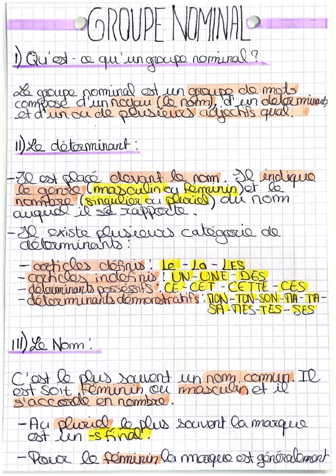# GROUPE NOMINAL

1) Qu'est-ce qu'un groupe nominal?

Le groupe nominal est un groupe de mots
composé d'un noyau (le nom), d'un déterminant
