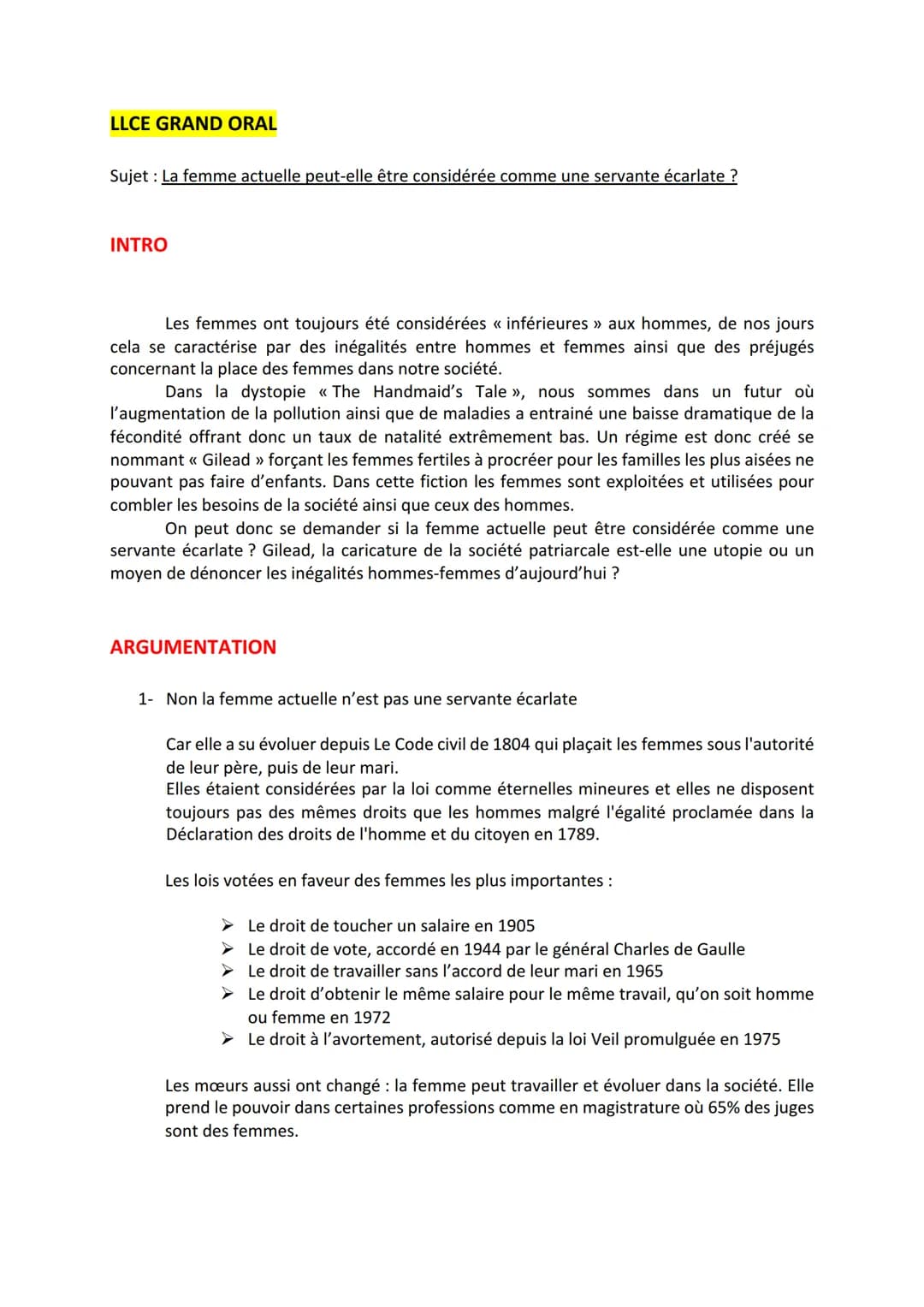 # LLCE GRAND ORAL

Sujet : La femme actuelle peut-elle être considérée comme une servante écarlate ?

INTRO

Les femmes ont toujours été con