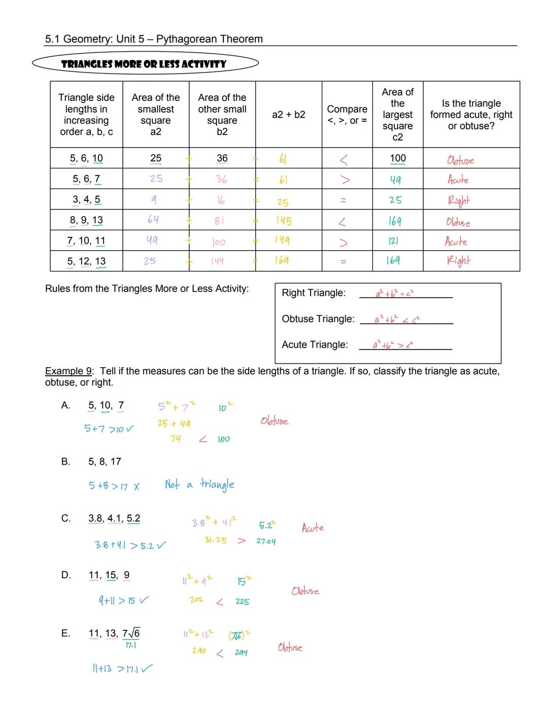 # 5.1 Geometry: Unit 5 - Pythagorean Theorem
Student Notes Pythagorean Theorem and Converse of Pythagorean Theorem
A
B
a
The Pythagorean The