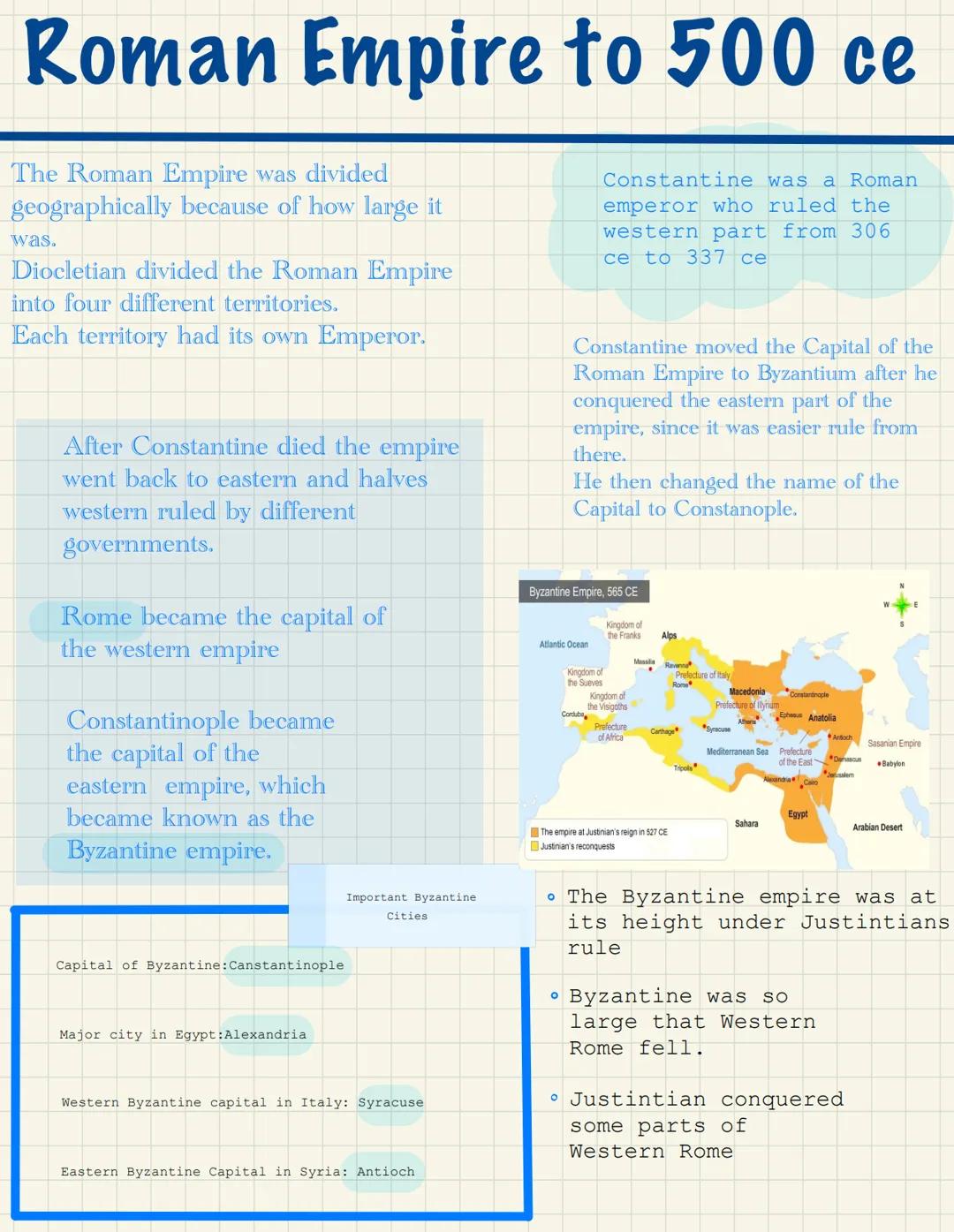 # Roman Empire to 500 ce

The Roman Empire was divided
geographically because of how large it
was.
Diocletian divided the Roman Empire
into 