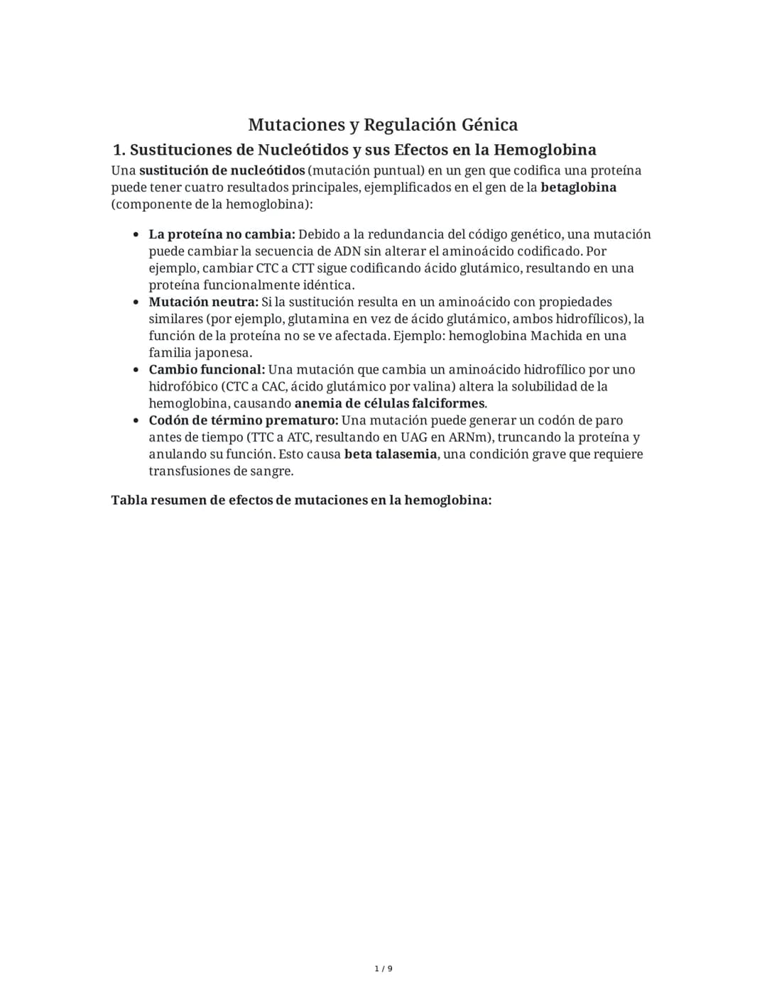 Mutaciones y Regulación Génica
1. Sustituciones de Nucleótidos y sus Efectos en la Hemoglobina
Una sustitución de nucleótidos (mutación punt