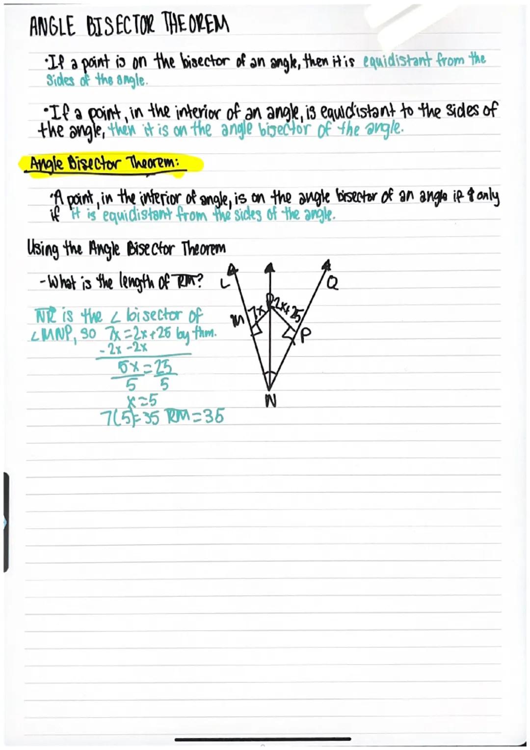 # 4-2 Perpendicular and Angle Bisectors

A point is equidistant from two objects if it is the same distance from the
dajects

## Perpendicul