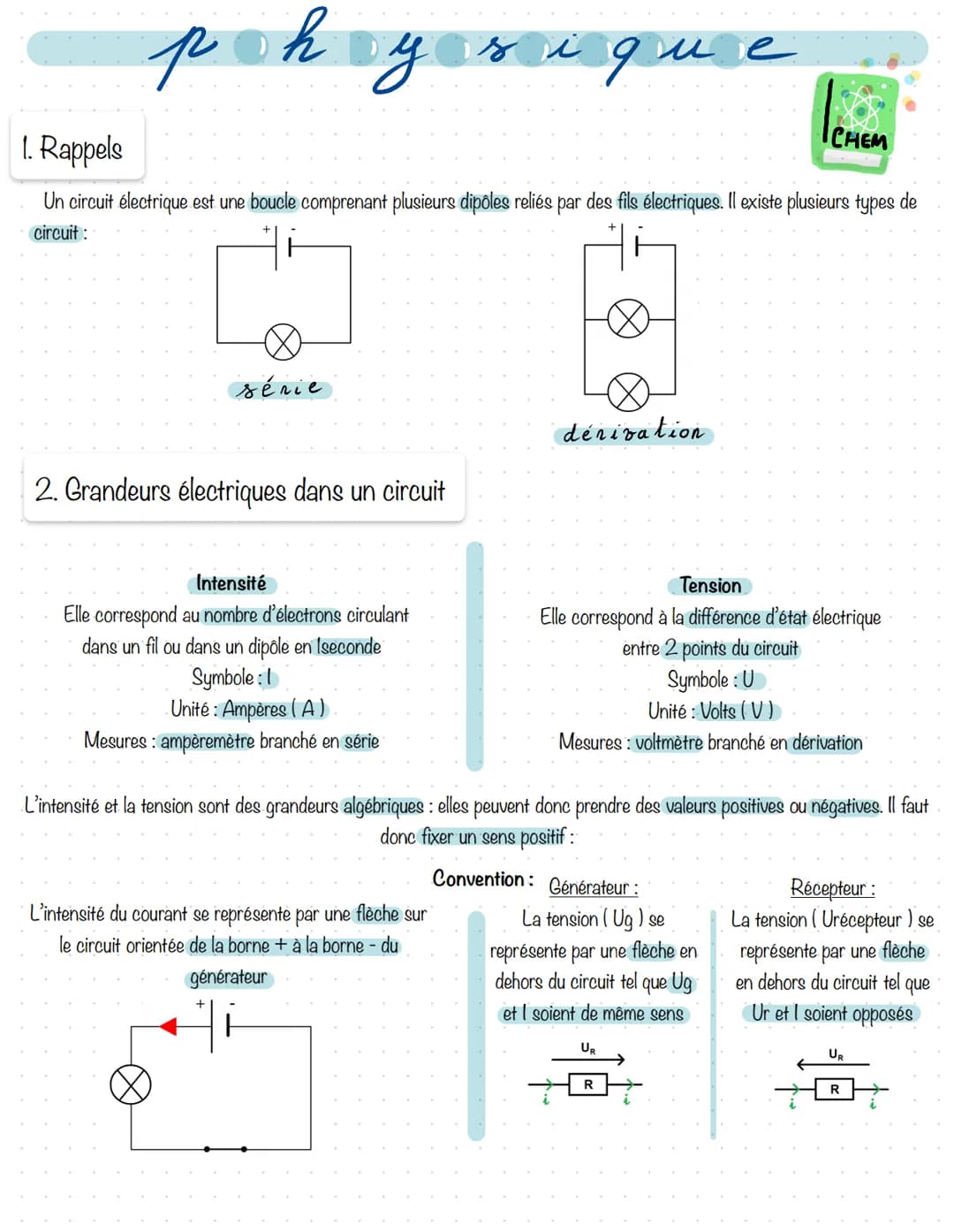# physique

1. Rappels

CHEM

Un circuit électrique est une boucle comprenant plusieurs dipõles reliés par des fils électriques. Il existe p