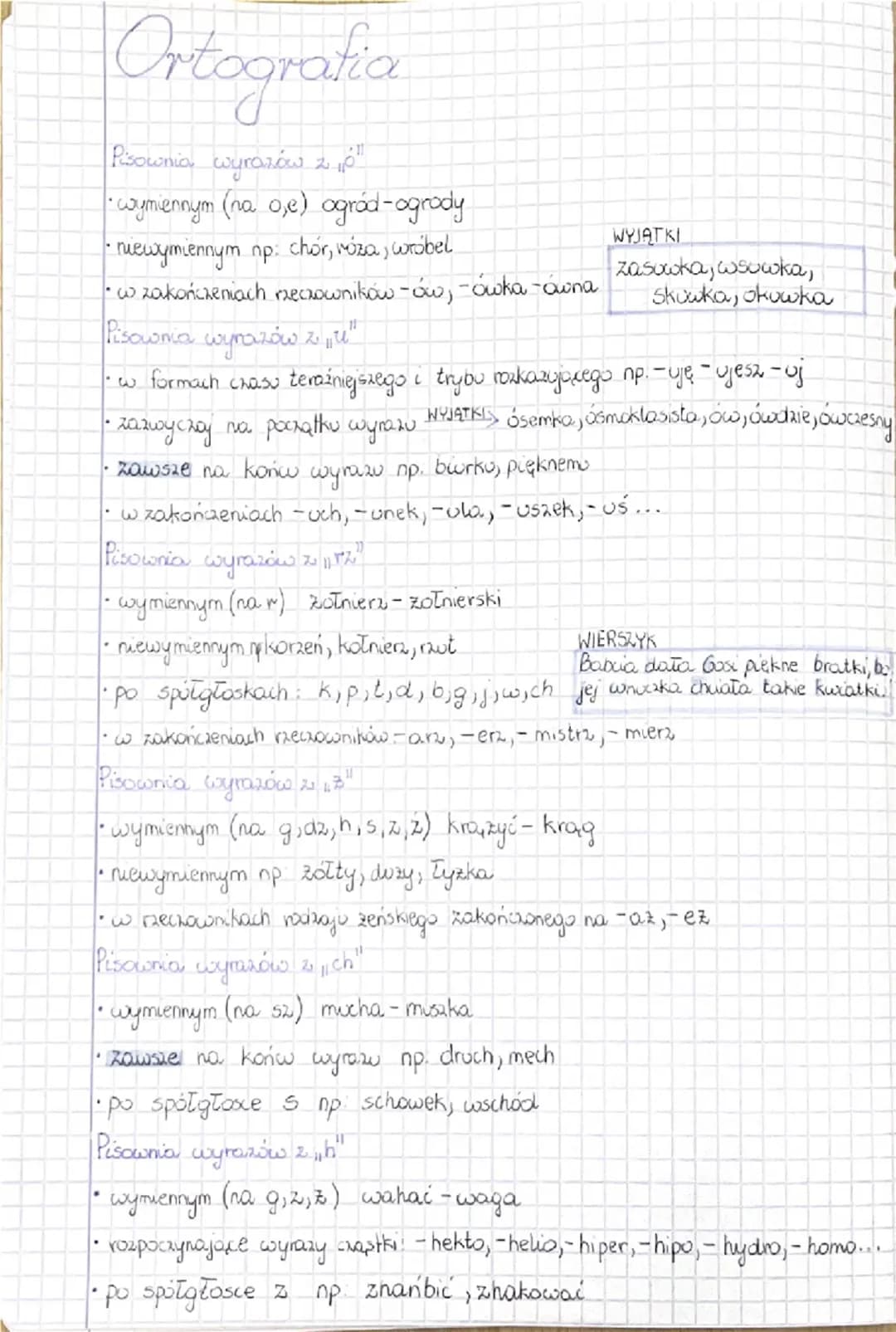 ## Ortografia

### WYJĄTKI

**Pisownia wyrazów z ó**
- wymiennym (na oje) ogród-ogrody
- niewymiennym np: chor, riza, wróbel
- Skówka, okówk