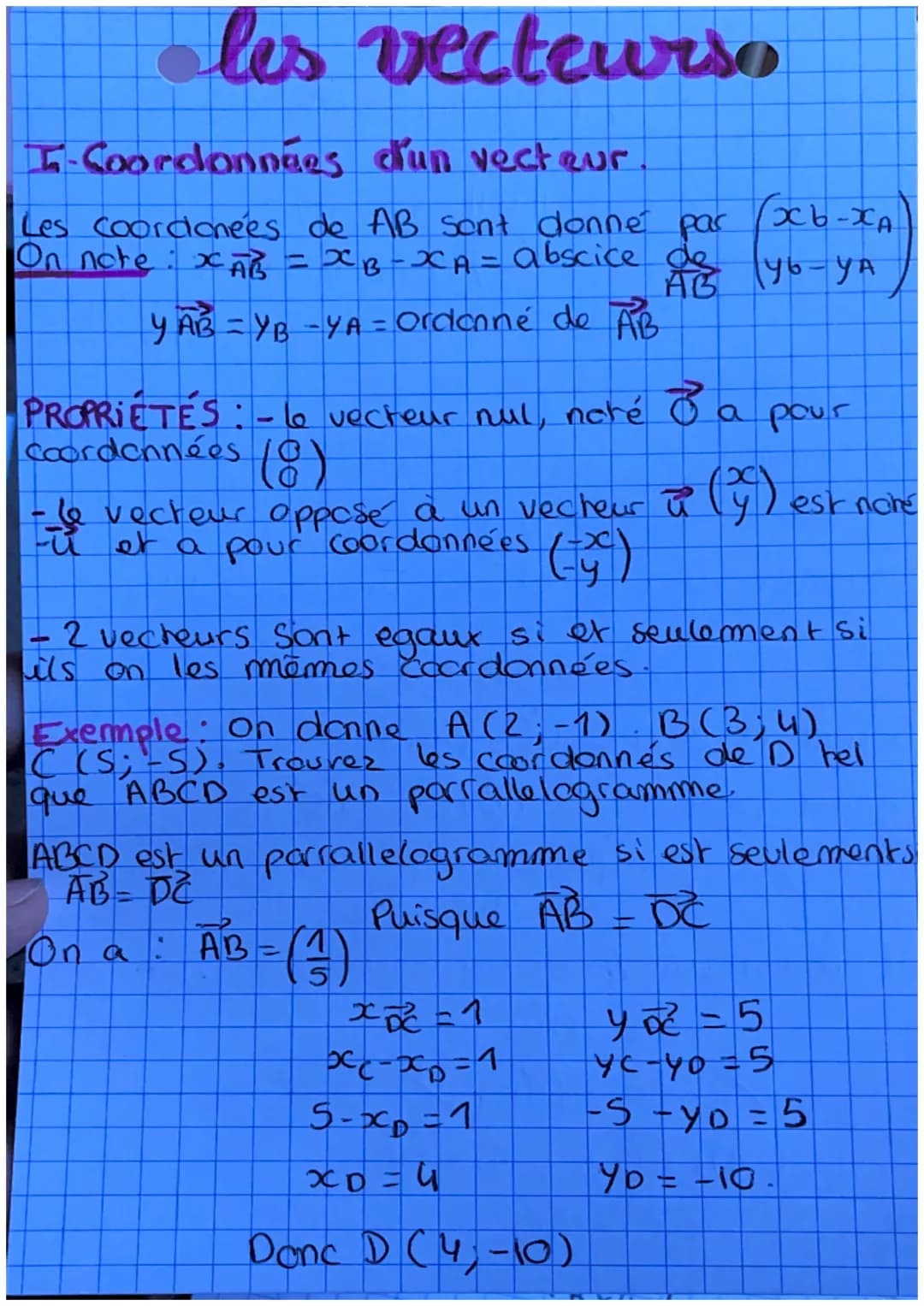 # les vecteurso

I-Coordonnées d'un vecteur.

Les coordonées de AB sont donné par $\binom{Xb-XA}{yb-yA}$
On note: $x_{\vec{AB}} = x_B - x_A 