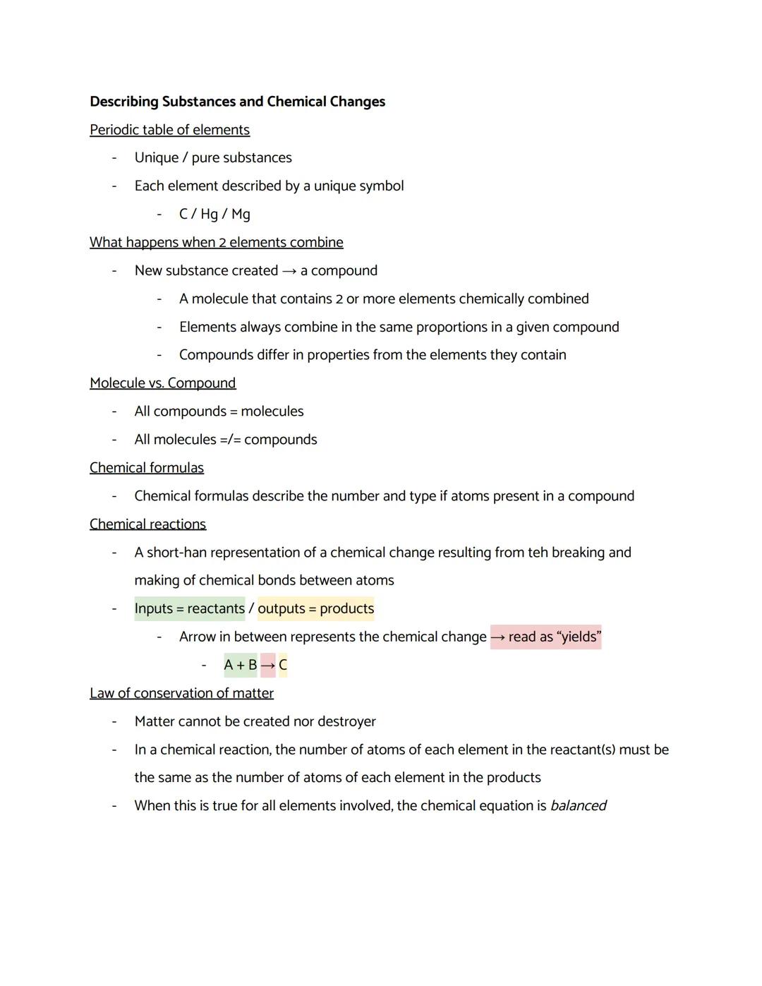 # Describing Substances and Chemical Changes

Periodic table of elements

- Unique / pure substances
- Each element described by a unique sy