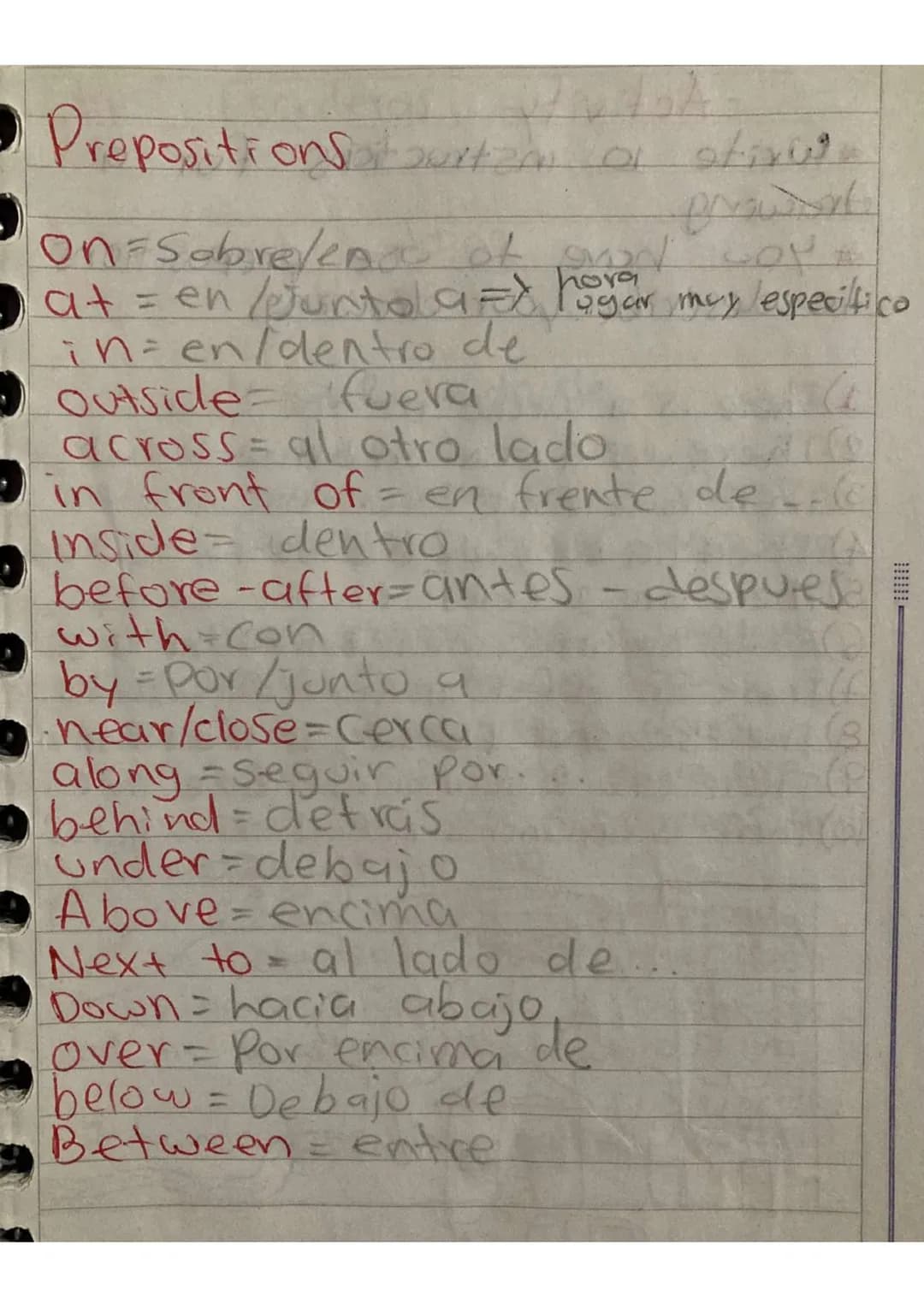- • Prepositions burton I
on
stiru
- On Sabre/ence of anod wor
- hova
- at = en junto a=> royar muy especifico
- in=en/dentro de
- Outside f