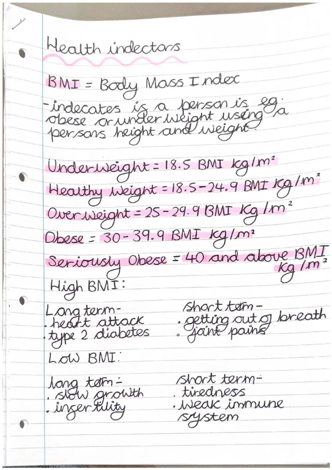 Health indectors

BMI = Body Mass Index.
-indecates is a person is ega
obese or under weight using a
persons height and weight

Underweight 