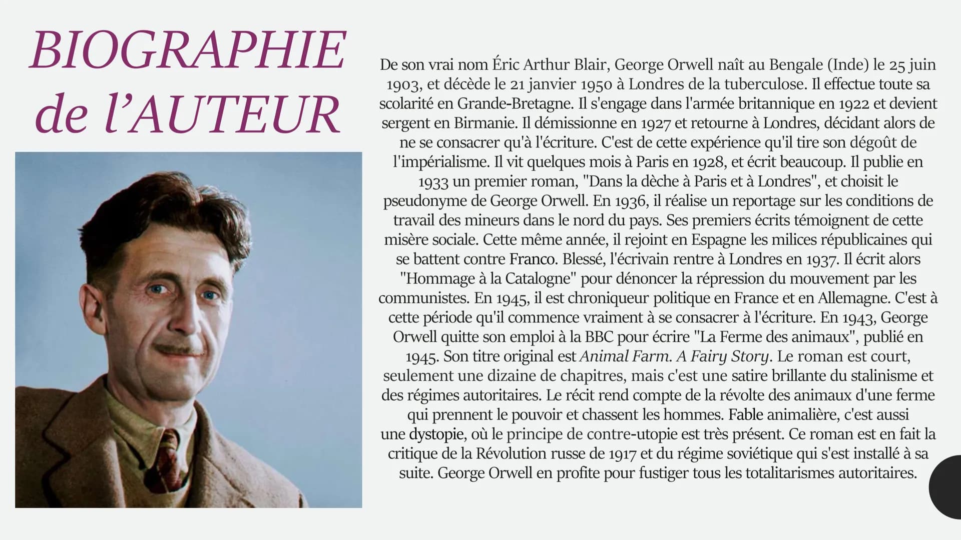 George Orwell
La ferme des animaux

LA FERME DES
ANIMAUX, GEORGE
ORWELL (1945)

MON CAHIER DU LECTEUR

MA NOTE:
18/20 # BIOGRAPHIE

de l'AUT