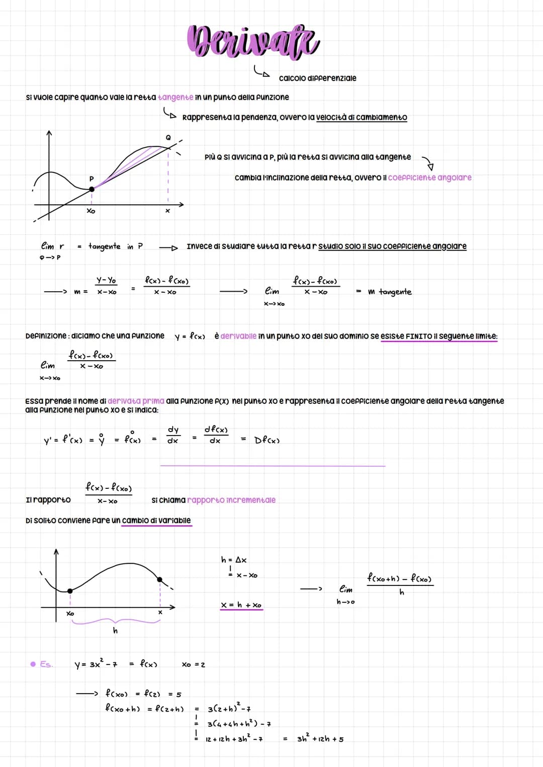 # Derivate

calcolo differenziale

si vuole capire quanto vale la retta tangente in un punto della funzione

Rappresenta la pendenza, ovvero