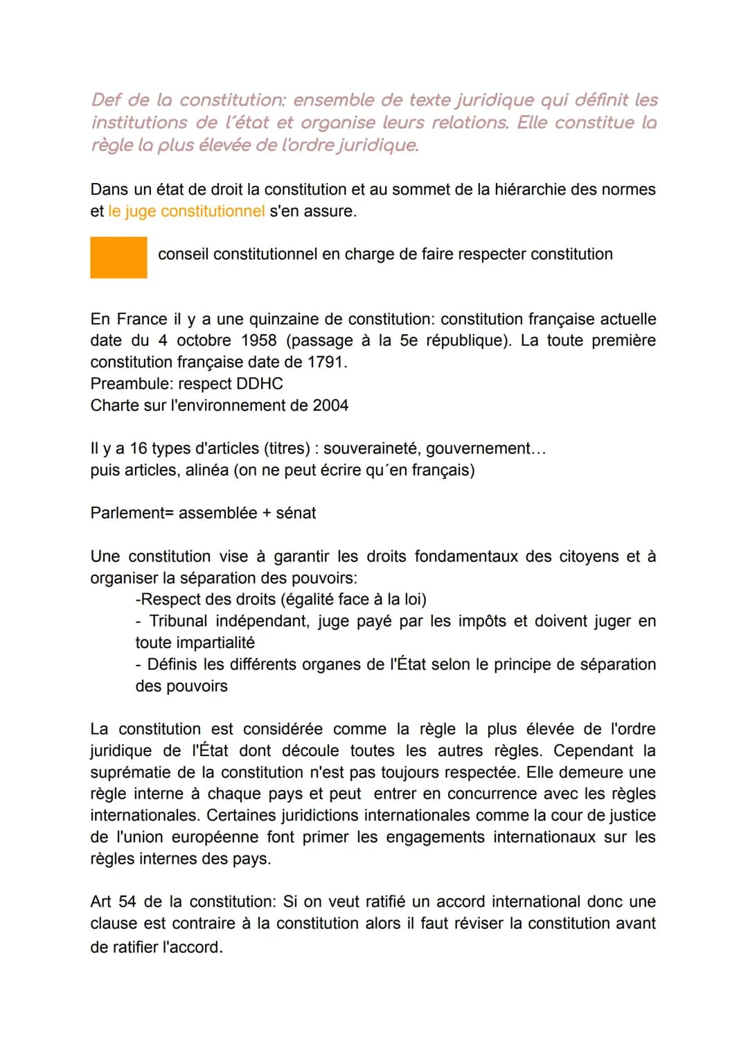 # L'Organisation du Droit :

1- La Constitution:

Il est important de savoir que l'état de droit garantie la démocratie

L'état de droit res