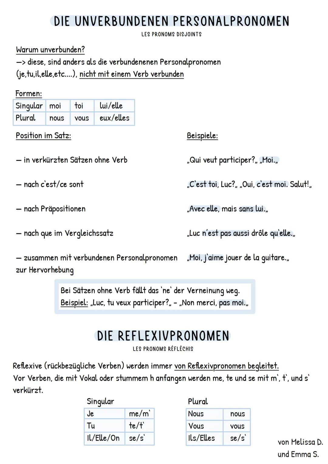 # DIE UNVERBUNDENEN PERSONALPRONΟΜΕΝ
LES PRONOMS DISJOINTS

Warum unverbunden?
-> diese, sind anders als die verbundenenen Personalpronomen
