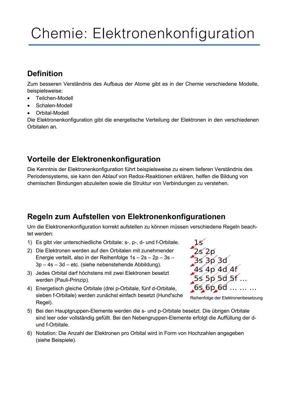 # Chemie: Elektronenkonfiguration

## Definition

Zum besseren Verständnis des Aufbaus der Atome gibt es in der Chemie verschiedene Modelle,