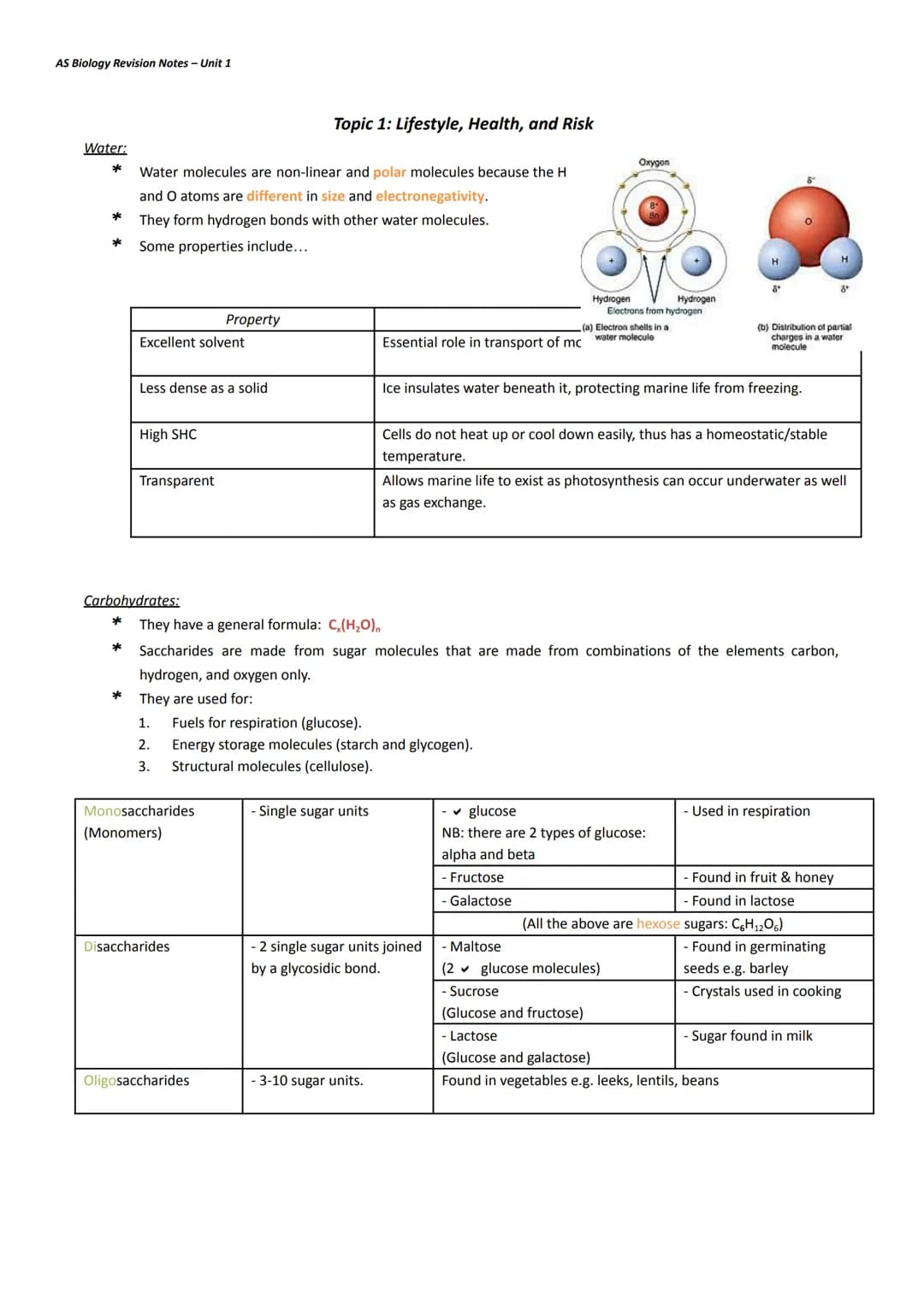 AS Biology Revision Notes - Unit 1

Topic 1: Lifestyle, Health, and Risk

Water:
* Water molecules are non-linear and polar molecules becaus