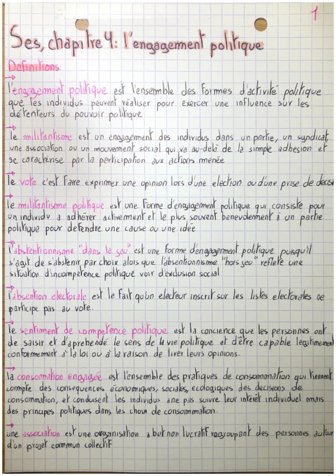 # Ses, chapitre 4: I'engagement politique

Definitions

T'engagement politique est l'ensemble des formes d'activité politique
que les indivi