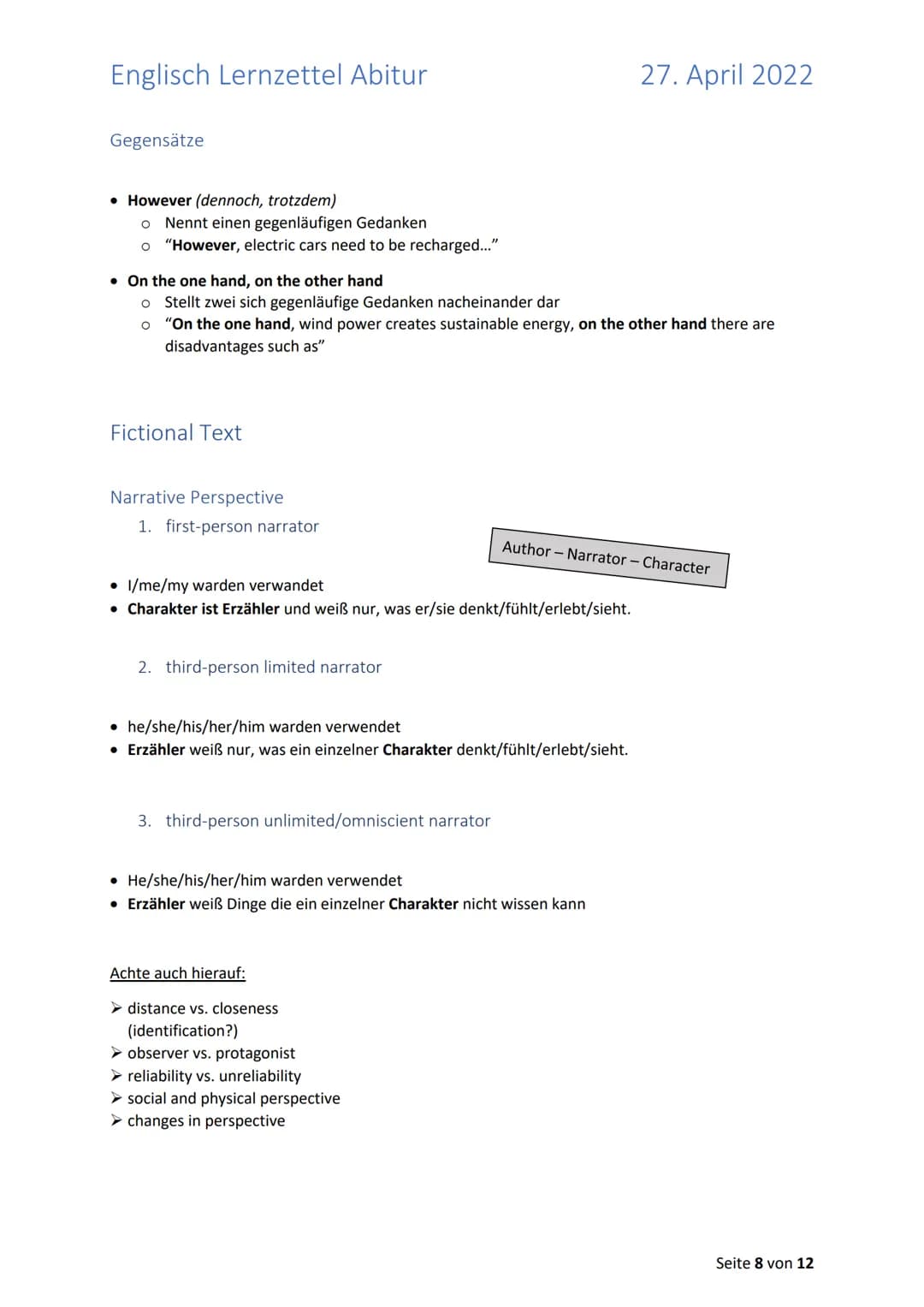 Englisch Lernzettel Abitur
27. April 2022

Inhalt
Allgemeines zum Abitur 2022 in Englisch (LK)
2
1. Aufgabenstellungen + „Operatoren"
3
1.2.