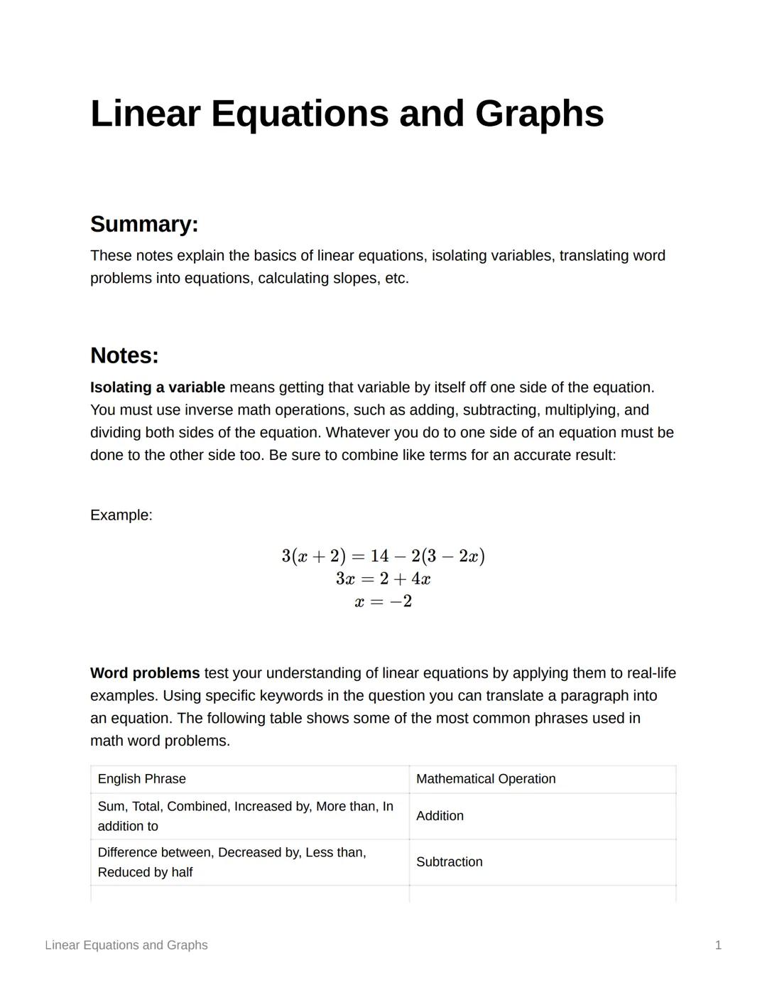 # Linear Equations and Graphs

Summary:
These notes explain the basics of linear equations, isolating variables, translating word
problems i