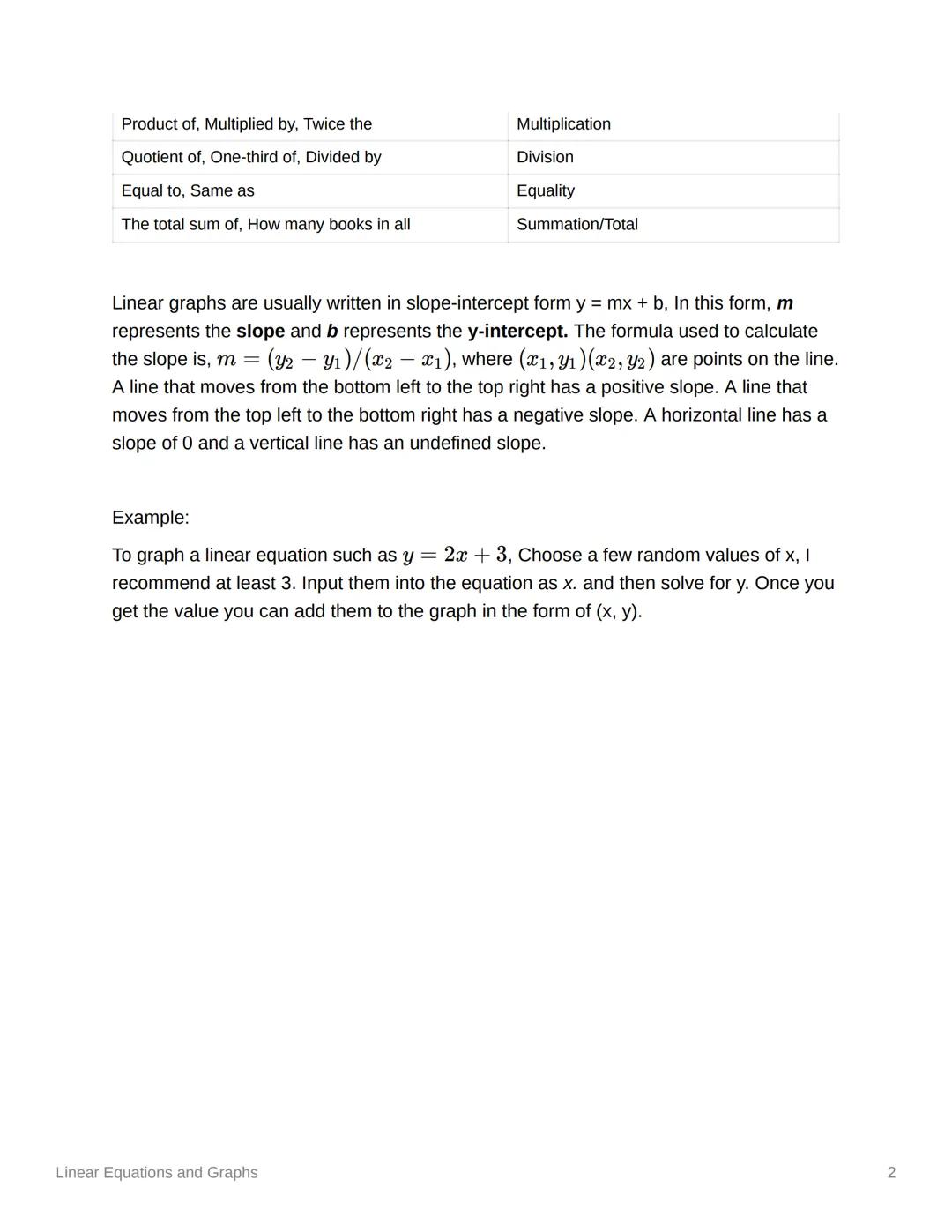 # Linear Equations and Graphs

Summary:
These notes explain the basics of linear equations, isolating variables, translating word
problems i