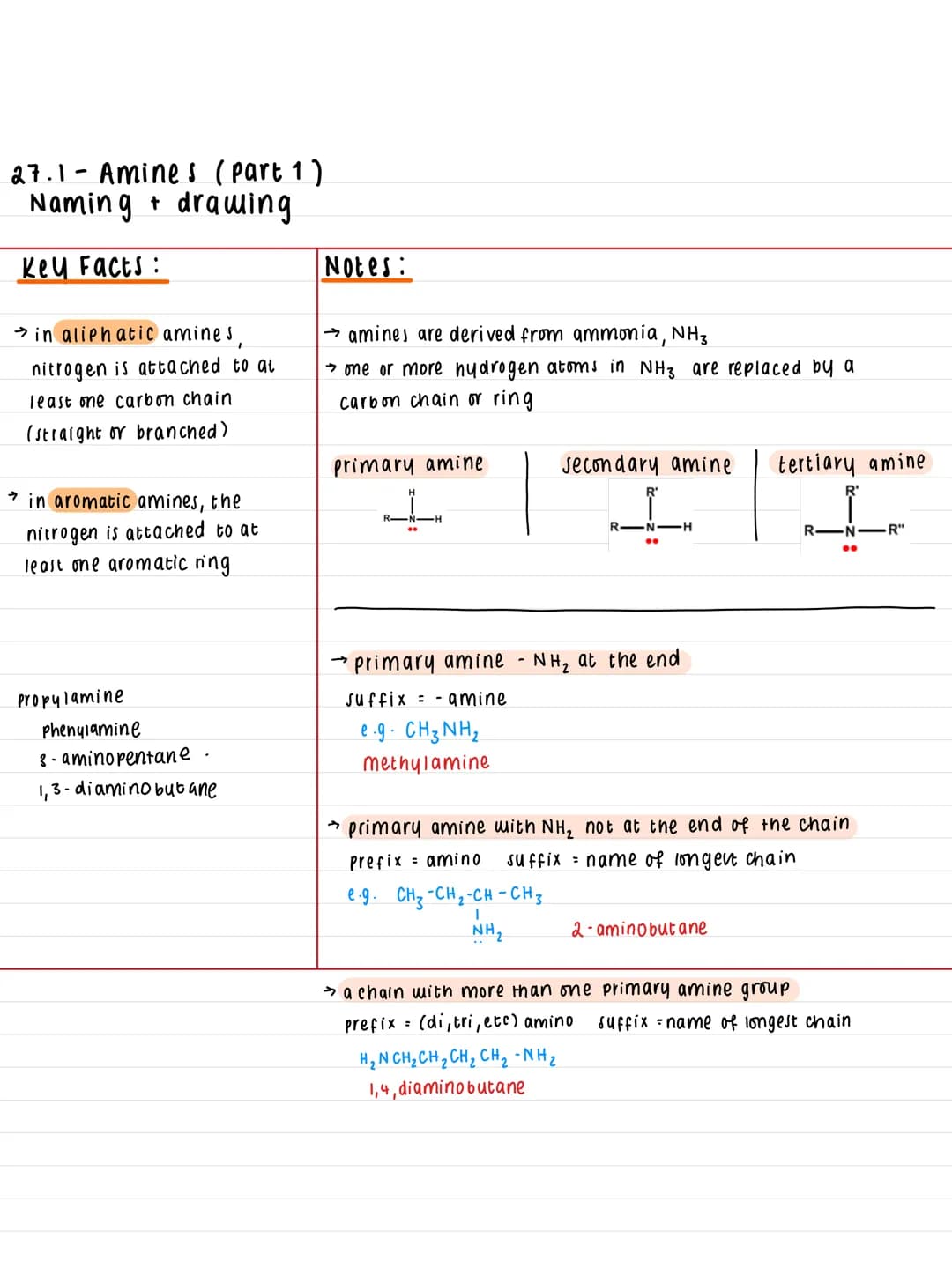 # 27.1-Amines (part 1)
Naming + drawing

Key Facts:
- → in aliphatic amines,
nitrogen is attached to al
least one carbon chain
(straight or 