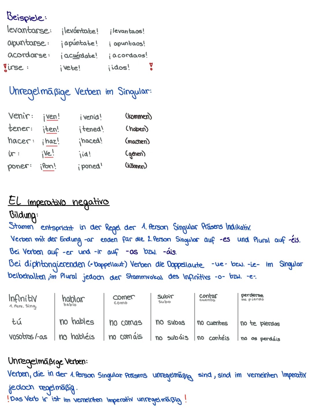 Spanisch 11. Klasse

- El imperativo
- El subjuntivo

El imperativo

Form von Aufrufen oder Befehle.

Bildung:
2. Person Singular (tú):
-s d