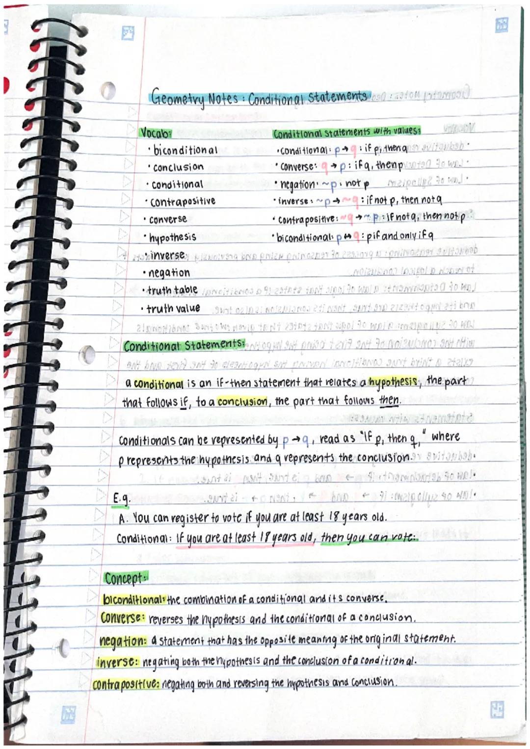 # Geometry Notes: Conditional Statements and rasfon pramo

Vocab

*   biconditional

*   conclusion

*   conditional

*   Contrapositive

* 
