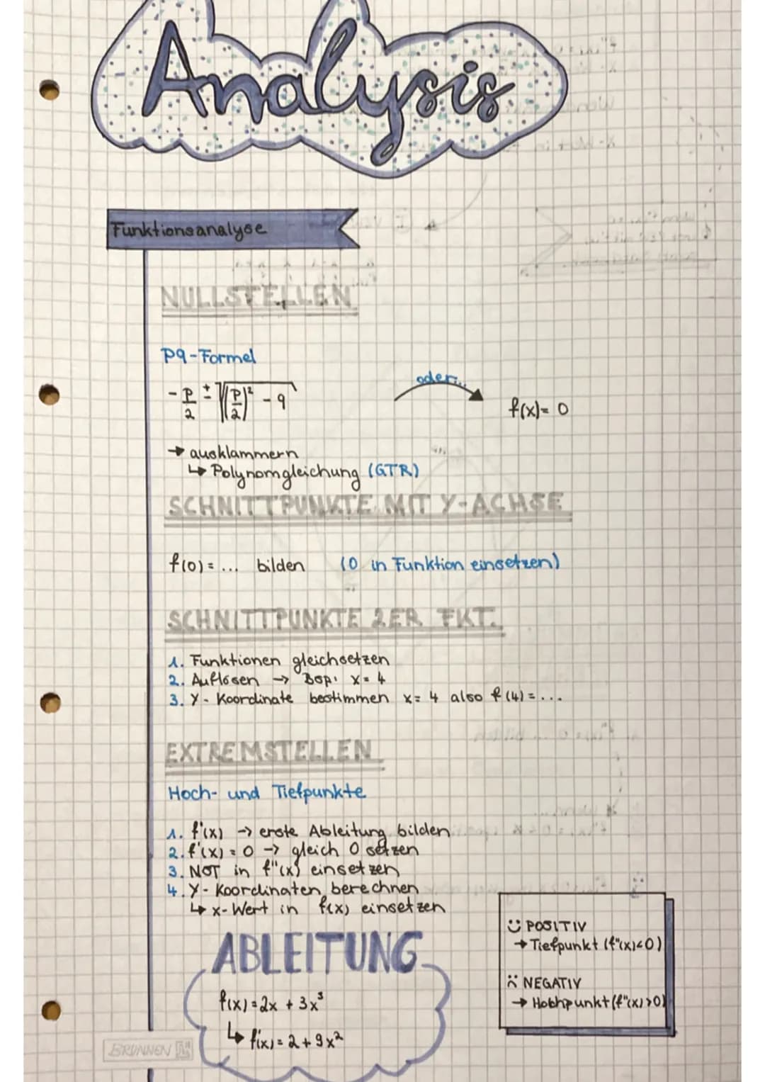 # Analysis

Funktionsanalyse

NULLSTELLEN

Pq-Formel

$-\frac{P}{2} \pm \sqrt{(\frac{P}{2})^2 -9}$

odeti

$f(x)= 0$

*   ausklammern.
*   P