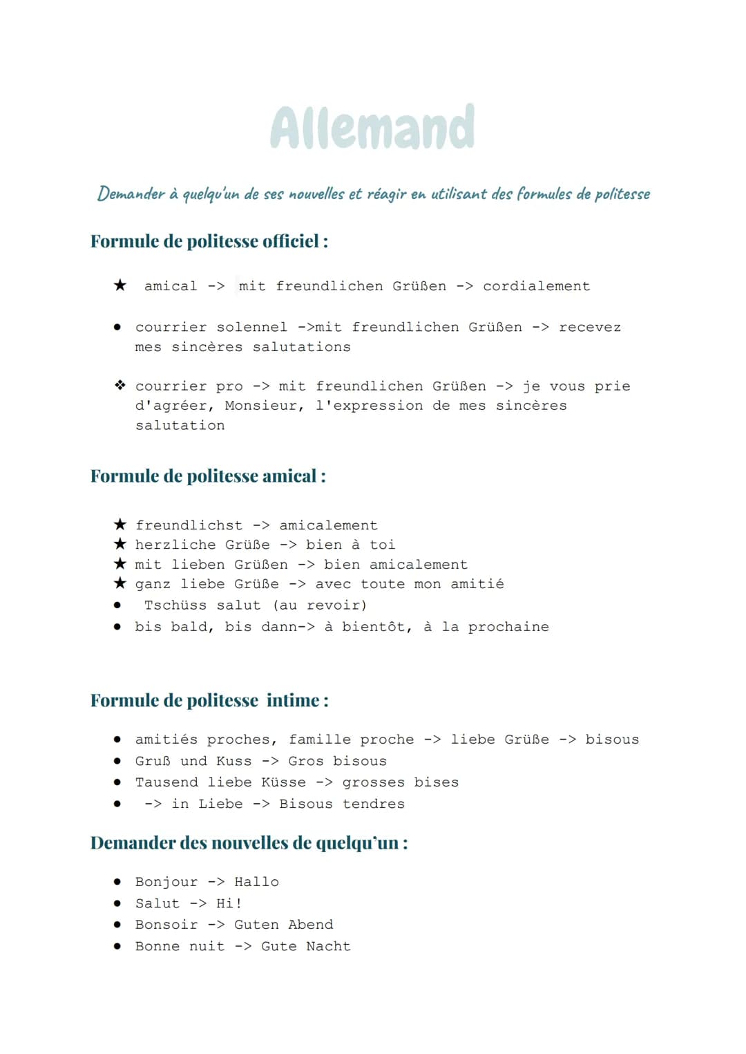 # Allemand

Demander à quelqu'un de ses nouvelles et réagir en utilisant des formules de politesse

Formule de politesse officiel:

★ amical