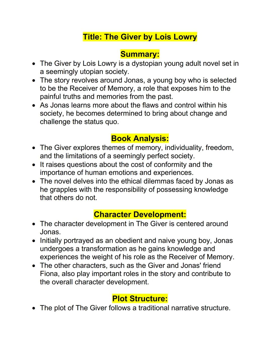 Title: The Giver by Lois Lowry

Summary:
- The Giver by Lois Lowry is a dystopian young adult novel set in
a seemingly utopian society.
- Th