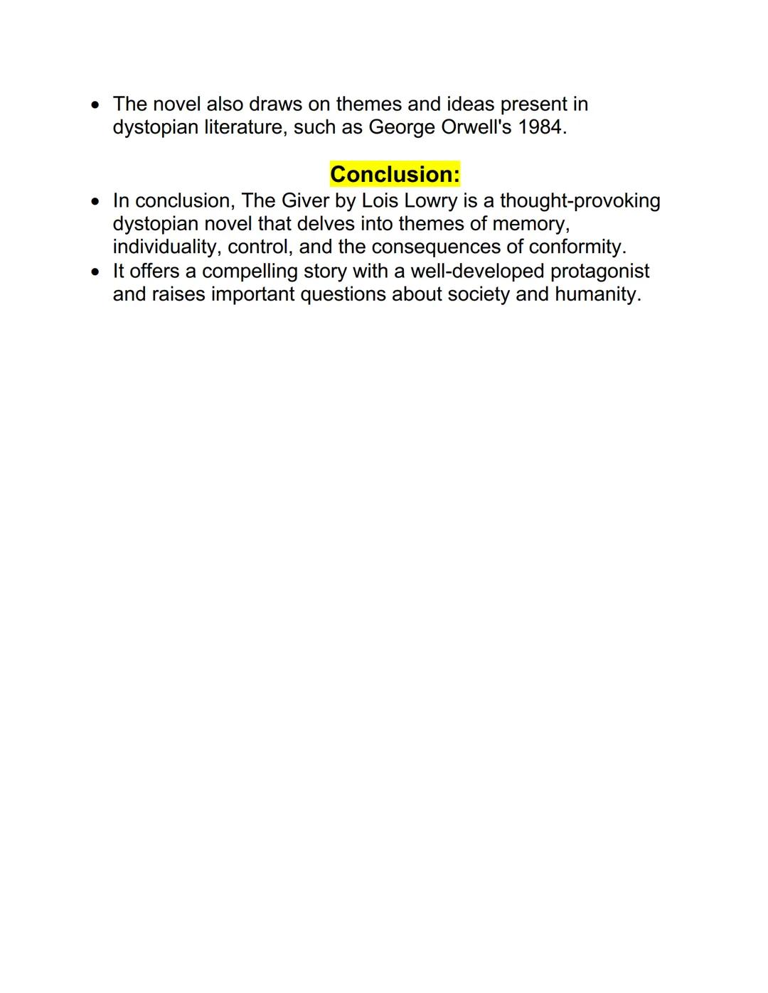 Title: The Giver by Lois Lowry

Summary:
- The Giver by Lois Lowry is a dystopian young adult novel set in
a seemingly utopian society.
- Th