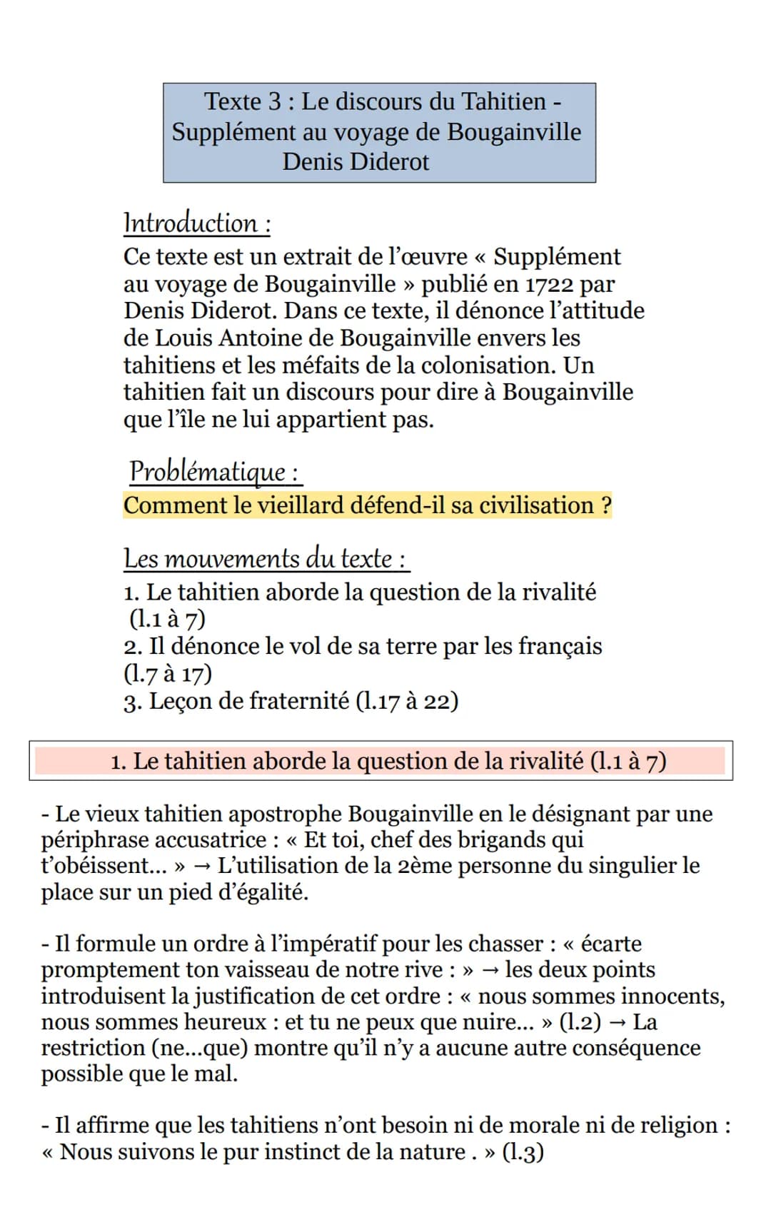 Texte 3: Le discours du Tahitien -
Supplément au voyage de Bougainville
Denis Diderot

Introduction:

Ce texte est un extrait de l'œuvre << 