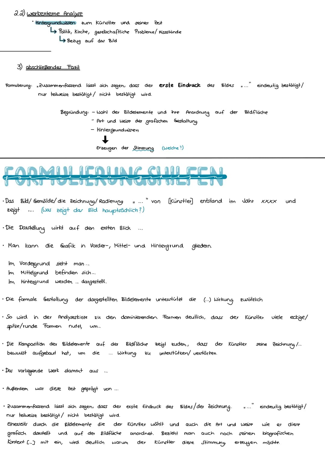 # KUNST

1) Bildbeschreibung

Einleitung

*   Künstler, Titel, Entstehungsjahr, Format, Technik, Gattung

    Hypothese

*   Ersteindruck fo
