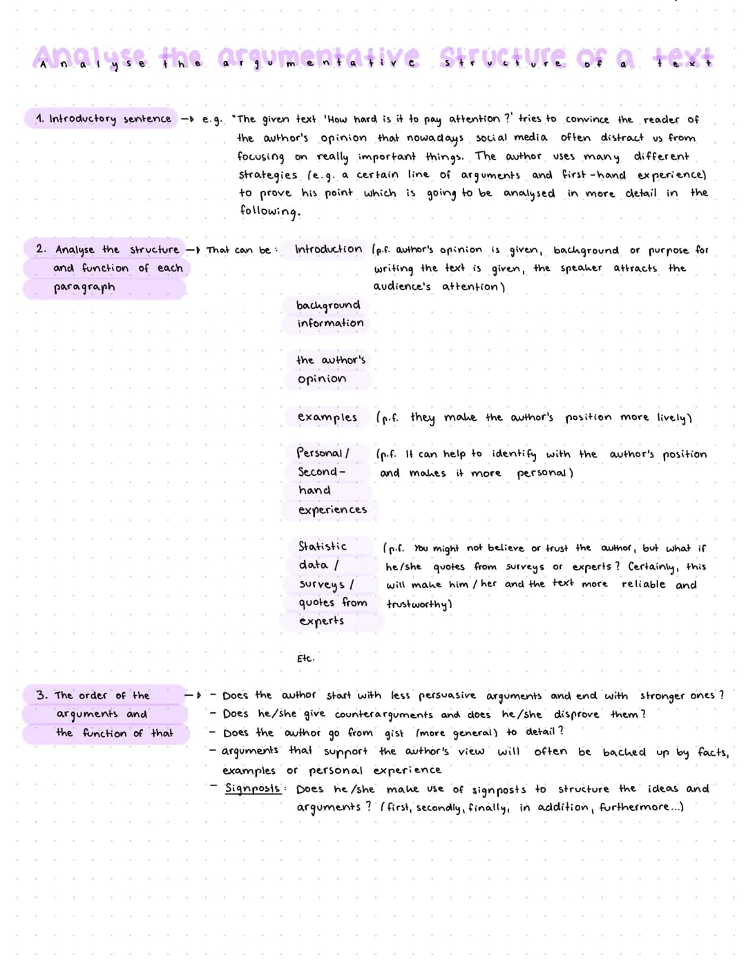 # Analyse the argumentative structure of a text

1. Introductory sentence e.g. "The given text 'How hard is it to pay attention?' tries to c