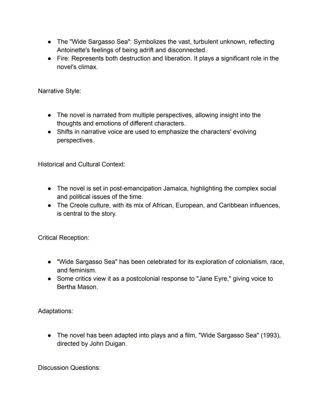 Title: Wide Sargasso Sea

Author: Jean Rhys

Publication Year: 1966

Plot Summary:

*   "Wide Sargasso Sea" serves as a prequel to Charlotte