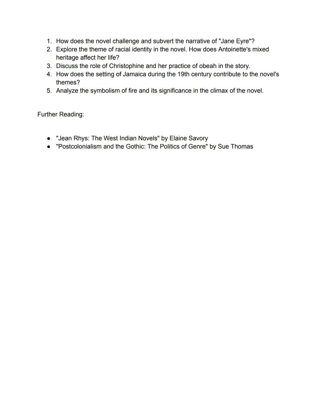 Title: Wide Sargasso Sea

Author: Jean Rhys

Publication Year: 1966

Plot Summary:

*   "Wide Sargasso Sea" serves as a prequel to Charlotte