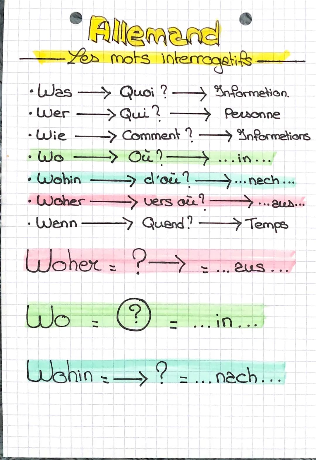 # Allemand

-Les mots interrogatifs

*   Was $\longrightarrow$ Quoi ? $\longrightarrow$ Information.
*   Wer $\longrightarrow$ Qui? $\longri