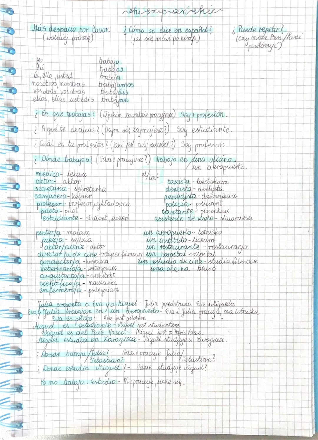 rehe sxipan skie

Más despacio, por favor. ¿Cómo se dice en españd?
(wolniej proszę)
(jak się mówi po histp.)

yo trabajo
tú trabajaps
él, e