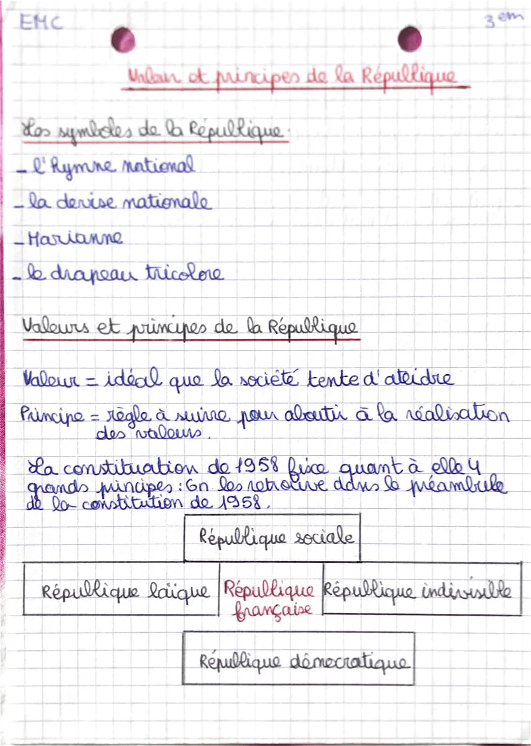 EMC

3 em

Unlaun et principes de la République

Los symboles de la Republique:

- l'hymne national

- la devise nationale

- Harianne

- le