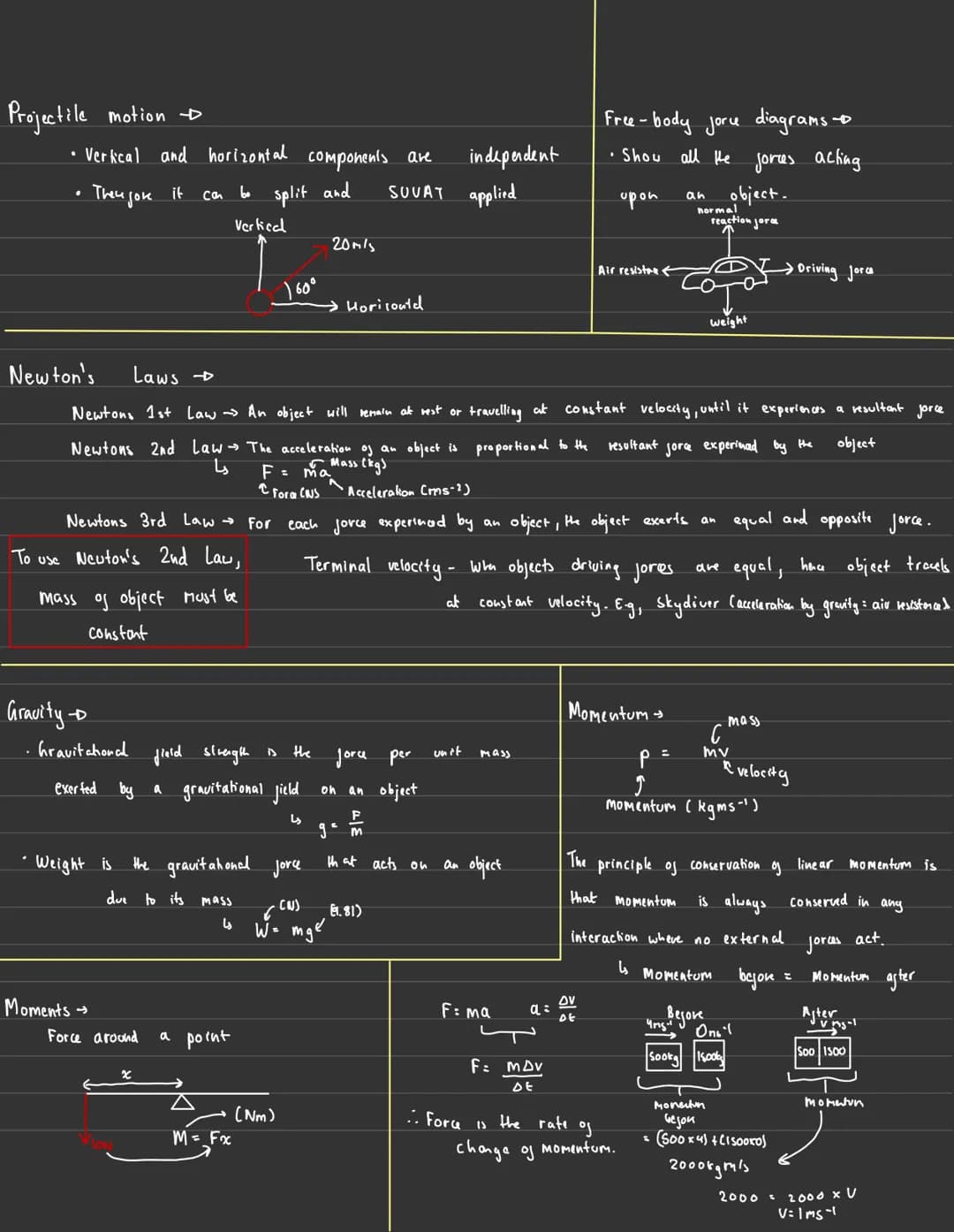 <h2>Mechanics</h2>
<h3>SUVAT Equations</h3>
<p>The SUVAT equations are used to describe the motion of an object. The five variables are:</p>