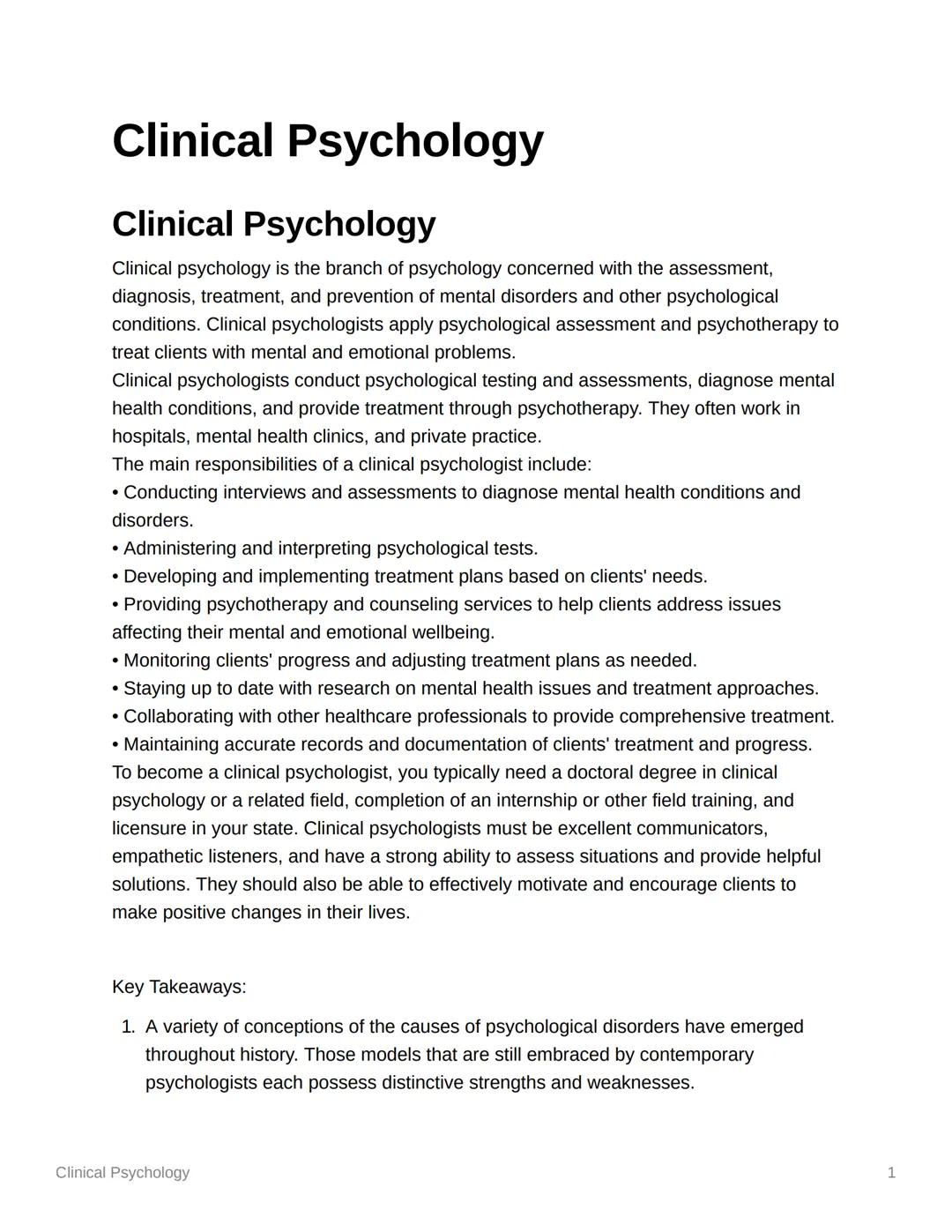 # Clinical Psychology

Clinical Psychology

Clinical psychology is the branch of psychology concerned with the assessment,
diagnosis, treatm