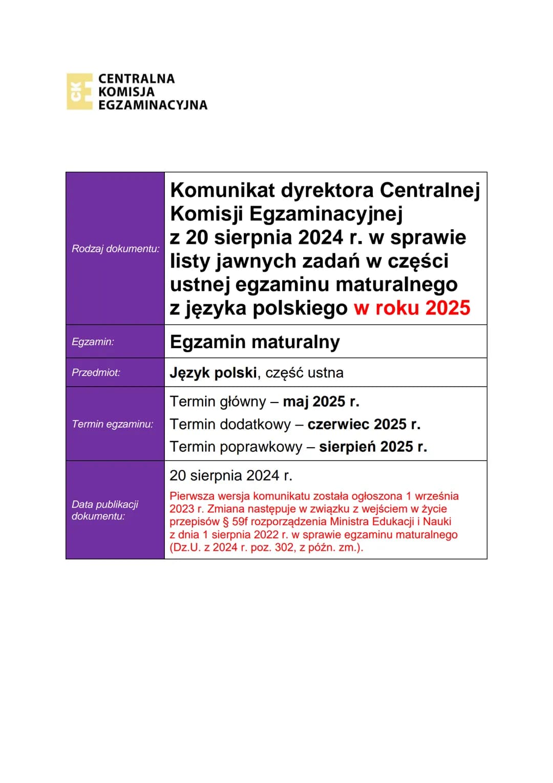 CENTRALNA
KOMISJA
EGZAMINACYJNA

Rodzaj dokumentu:
Komunikat dyrektora Centralnej
Komisji Egzaminacyjnej
z 20 sierpnia 2024 r. w sprawie
lis