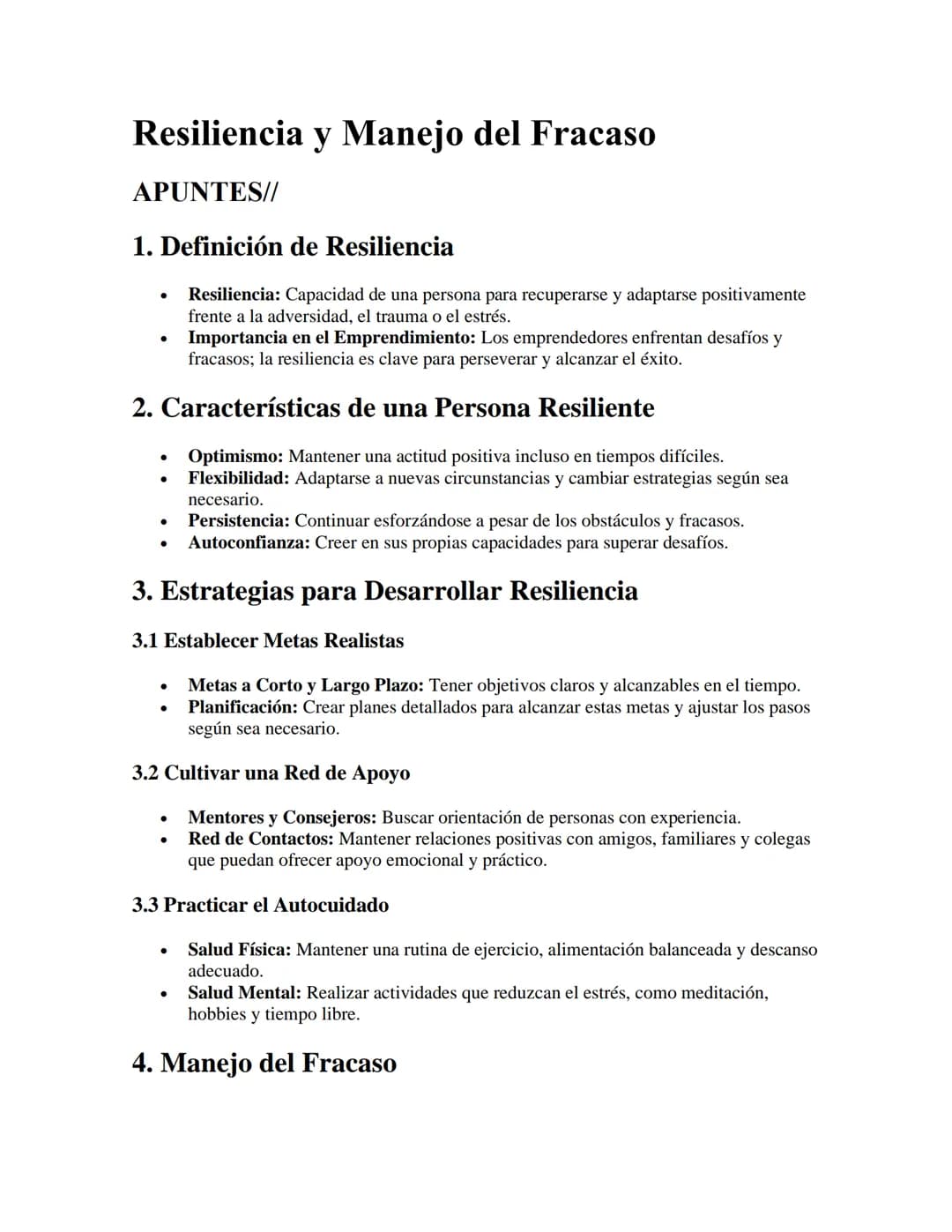 # Resiliencia y Manejo del Fracaso

APUNTES//

1. Definición de Resiliencia

- Resiliencia: Capacidad de una persona para recuperarse y adap