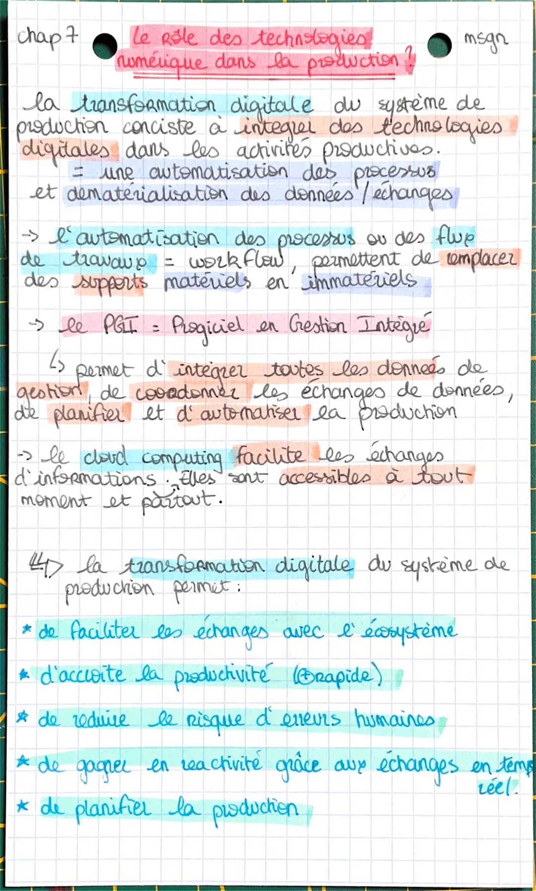 chap 7
Le Role des technologies!
numérique dans la production?
msgn
la transformation digitale du système de
production conciste à integrer 