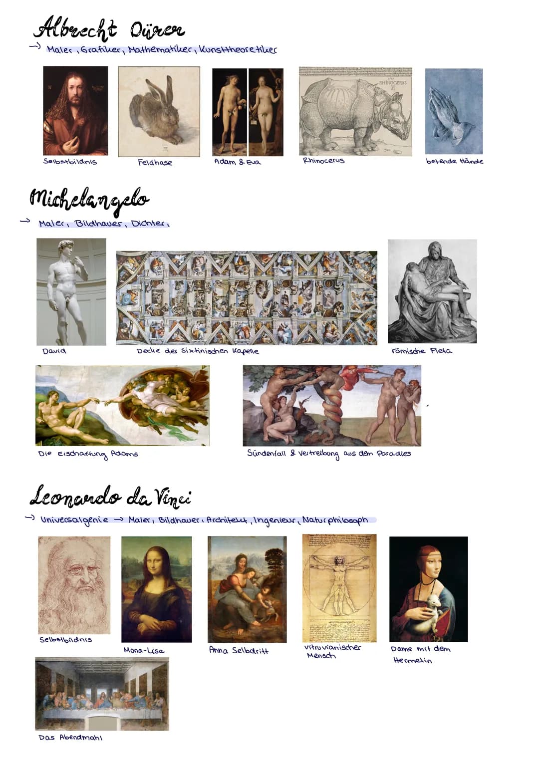 # 1500-1600 Renaissance

## Allgemein

→ franz. Renaissance = Wiedergeburt der Antike

→ begann bereits 1420 in Italien Malerei was noch eng