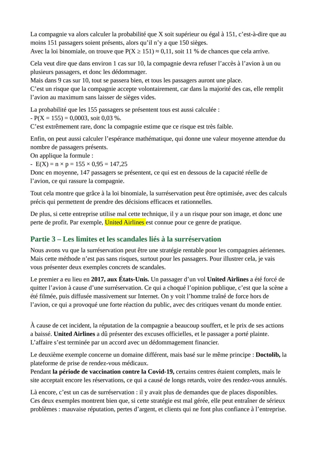 SUJET GRAND ORAL: comment les compagnies aériennes utilisent-elles les
mathématiques, et notamment la loi binomiale, pour gérer efficacement