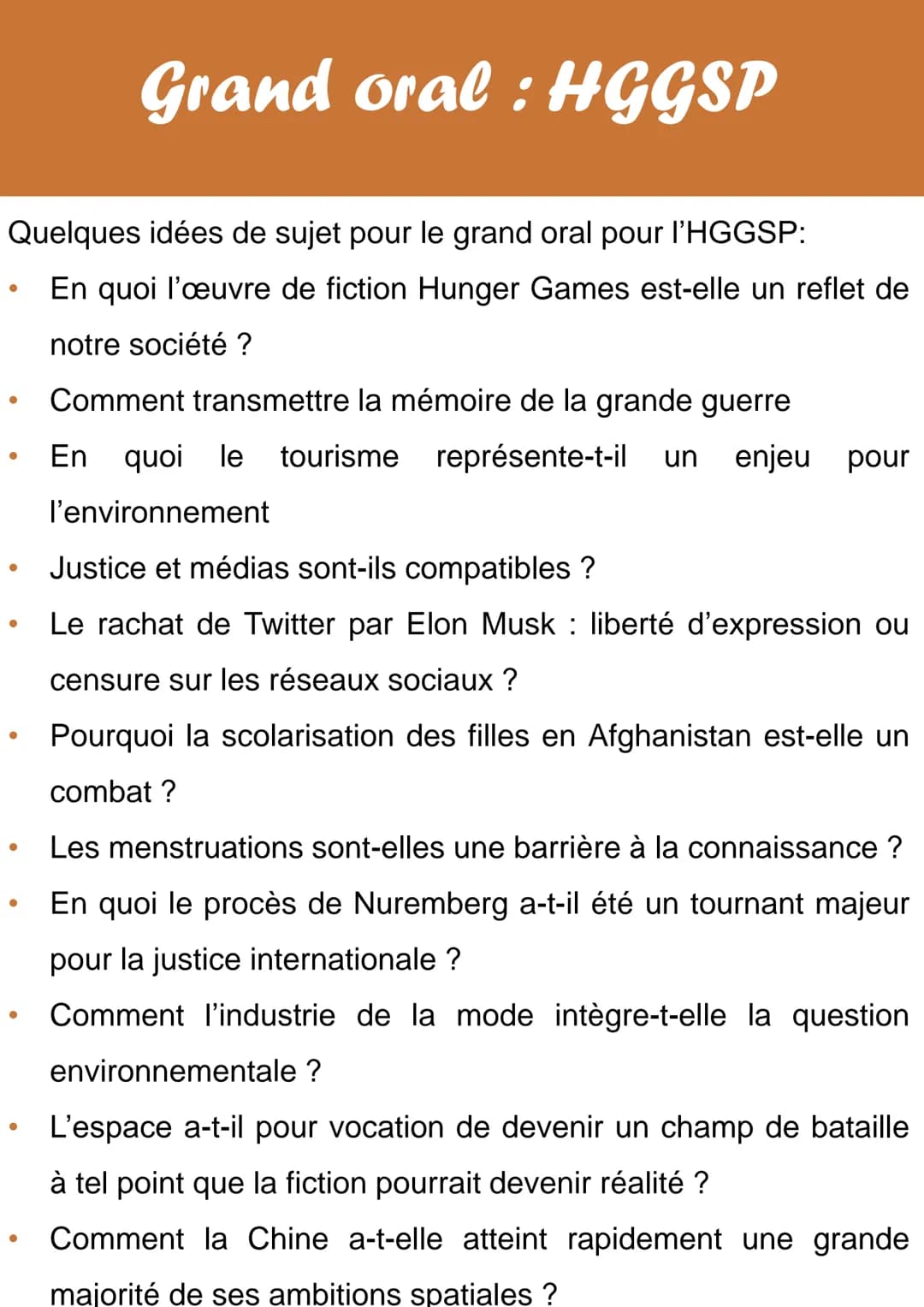 # Grand oral: HGGSP

Quelques idées de sujet pour le grand oral pour I'HGGSP:

- En quoi l'œuvre de fiction Hunger Games est-elle un reflet 