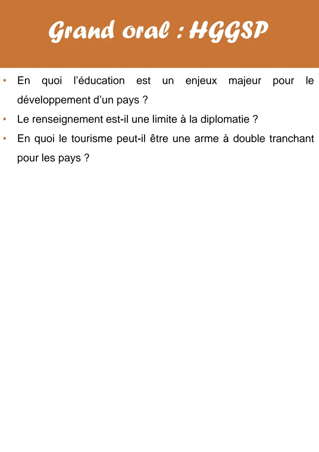 # Grand oral: HGGSP

Quelques idées de sujet pour le grand oral pour I'HGGSP:

- En quoi l'œuvre de fiction Hunger Games est-elle un reflet 