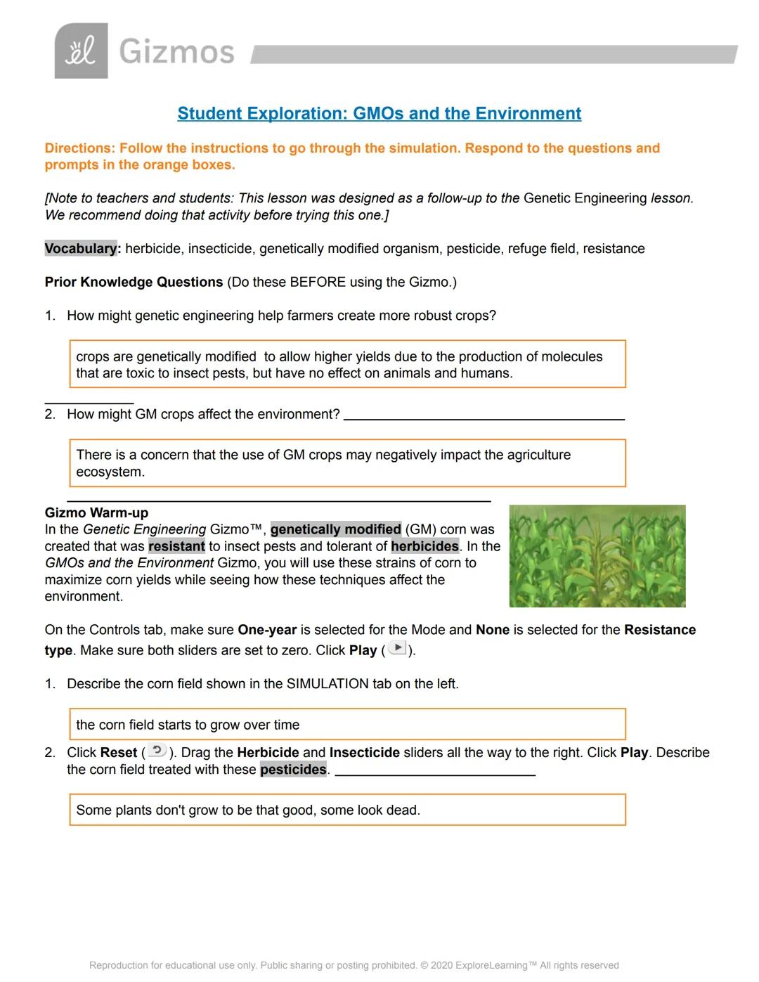 # Gizmos

# Student Exploration: GMOs and the Environment

Directions: Follow the instructions to go through the simulation. Respond to the 