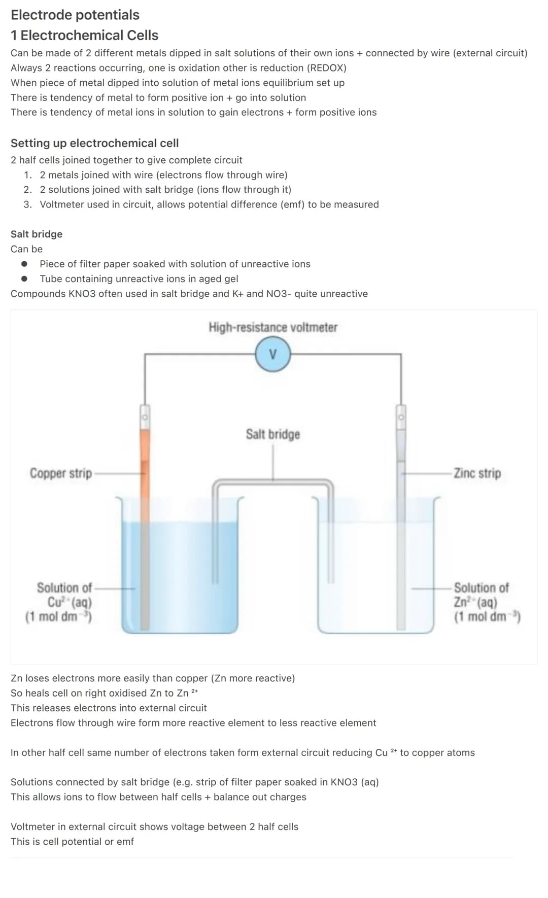 Electrode potentials
# 1 Electrochemical Cells
Can be made of 2 different metals dipped in salt solutions of their own ions + connected by w